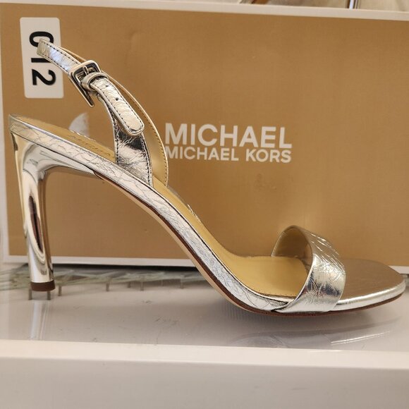 Michael Kors "Kasia" Silver print leather heeled sandals. NWT. Size 8 - Picture 1 of 11
